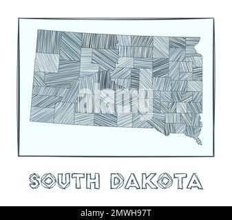 Mappa del South Dakota. Mappa in scala di grigi disegnata a mano dello stato degli Stati Uniti. Regioni piene con strisce di acconciatura. Illustrazione vettoriale. Illustrazione Vettoriale