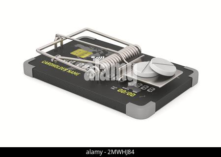 mousetrap e compresse su sfondo bianco. Illustrazione 3D isolata Foto Stock