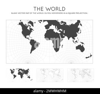 Mappa del mondo. Proiezione emisfero-in-quadrato Guyou. Globo con linee di latitudine e longitudine. Mappa mondiale su meridiani e paralleli sfondo. V Illustrazione Vettoriale