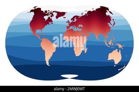 Vettoriale della mappa del mondo. Proiezione ottimale Laskowski. Mondo in rosso-arancione sfumatura sulle profonde onde blu dell'oceano. Illustrazione del vettore radiante. Illustrazione Vettoriale