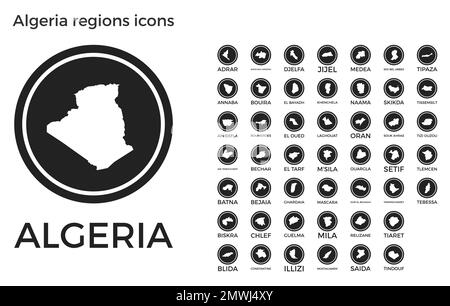 Icone regioni Algeria. Logo tondi neri con mappe e titoli delle regioni dei paesi. Illustrazione vettoriale. Illustrazione Vettoriale