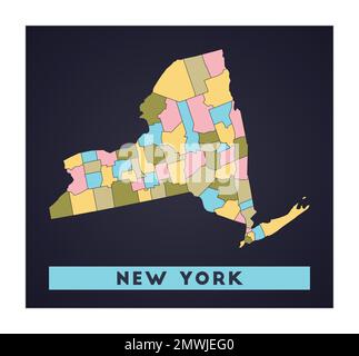 Mappa di New York. Poster dello stato DEGLI STATI UNITI con le regioni. Forma di New York con il nome dello stato degli Stati Uniti. Illustrazione vettoriale creativa. Illustrazione Vettoriale