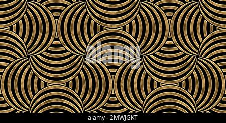 Seamless Golden Mid Century moderno a righe semi cerchi modello nautico o scale. Rilievo geometrico d'epoca astratto placcato oro su dorso nero Foto Stock