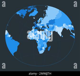 Mappa del mondo. Proiezione stereografica modificata per l'Europa e l'Africa. Illustrazione futuristica del mondo per la vostra infografica. Bella tavolozza di colori blu. AWES Illustrazione Vettoriale