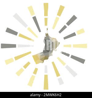 Oman sunburst. Basso poli strisce raggi e mappa del paese. Illustrazione vettoriale moderna. Illustrazione Vettoriale