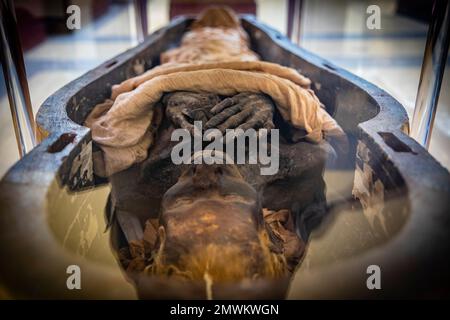 Mummia senza maschera con le mani attraversate al Museo Egizio, il Cairo, Egitto Foto Stock