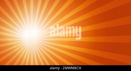 Il sole luminoso sul lato sinistro del cielo con i raggi del sole e le lenti si illuminano in un cielo arancione luminoso. Spazio di copia Illustrazione Vettoriale