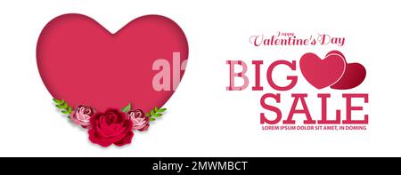 Poster dell'offerta Big sale di San Valentino, modello di banner. Cuore rosso con fiori di rosa. Pubblicità e modello di shopping. Illustrazione Vettoriale