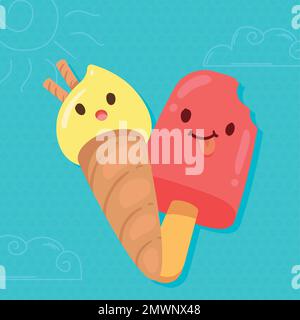 gelato e kawaii cono Illustrazione Vettoriale