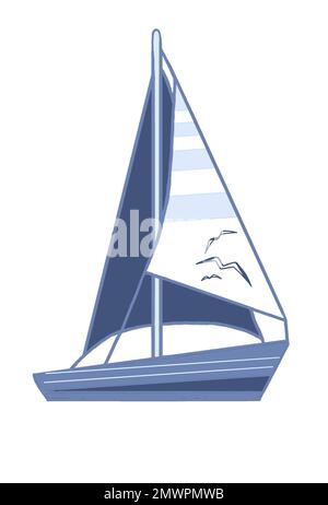 Immagine di uno yacht blu con gabbiani e strisce su una vela bianca. Illustrazione JPEG per adesivi, creazione di motivi, sfondo, ricami. Foto Stock