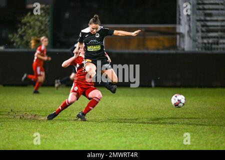 Aalst , 1 febbraio 2023, Zoe Van Eynde (14) di Standard e Ulrike De Frere (11) di Aalst nella foto di una partita di calcio femminile tra Eendracht Aalst e Standard Femina de Liege il 15° giorno della stagione 2022 - 2023 della belga Lotto Womens Super League , Mercoledì 1 febbraio 2023 ad Aalst, BELGIO. FOTO SPORTPIX | Stijn Audooren Foto Stock