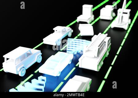 3d macchina illustrativa con distanza di sicurezza con flusso automatico. Il concetto di un'auto high-tech con un veicolo senza equipaggio. Veicolo semovente. Foto Stock