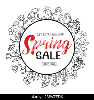 Banner vendita primaverile con foglia e fiore disegnato a mano su sfondo bianco. Vendita poster fino al 50% di sconto. Illustrazione Vettoriale