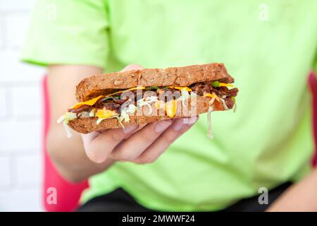 Panino di manzo tirato di pane di segale che tiene da una mano maschile in fotografia di stile di vita alimentare. Foto Stock