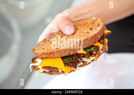 Panino di manzo tirato di pane di segale che tiene da una mano maschile in fotografia di stile di vita alimentare. Foto Stock