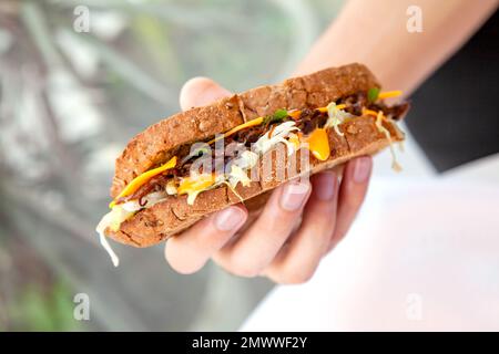 Panino di manzo tirato di pane di segale che tiene da una mano maschile in fotografia di stile di vita alimentare. Foto Stock