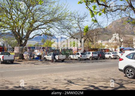 Bancarelle di venditori d'arte a Stellenbosch, Provincia del Capo, Sud Africa Foto Stock