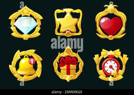 Diverse icone di gioco per dispositivi mobili. Elementi GUI per app mobile in cornice, illustrazione vettoriale in stile cartoon: Cuore, campana, gemma, stella, regalo e tempo Illustrazione Vettoriale
