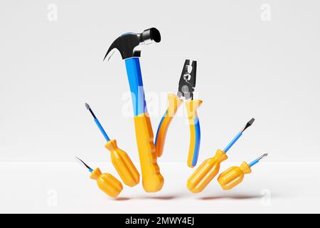 3D illustrazione di un martello metallico con manico giallo, cacciaviti, pinze utensili manuali isolati su sfondo bianco. 3D rendering e illustrazione di Foto Stock