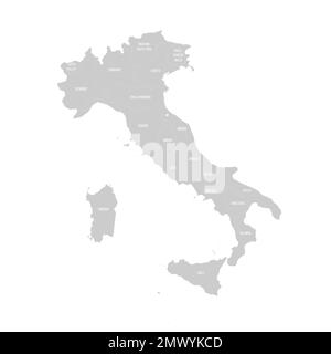 Italia carta politica delle divisioni amministrative - regioni. Mappa in grigio chiaro con bordi ed etichette di linee bianche. Illustrazione Vettoriale