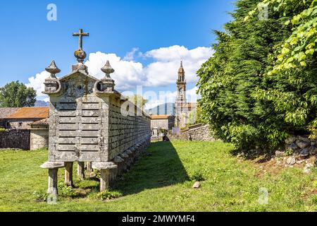 Il lungo e stretto magazzino di grano, horreo a Carnota in Galizia, Spagna. Questo horreo particolare è stato dichiarato come la più grande completa e di origine della regione Foto Stock