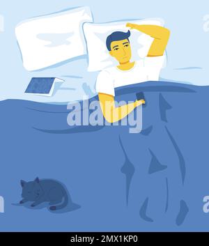 Uomo giallo affetto da insonnia in letto blu. Riposo, sognare, relax, concetto di buona notte. Illustrazione Vettoriale