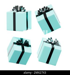 Diverse viste di tel blu scatola regalo con nastro nero isolato su sfondo bianco, rendering 3D Foto Stock