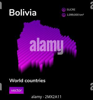 Mappa Bolivia 3D. La mappa vettoriale isometrica al neon digitale stilizzata a righe della Bolivia è in colori viola su sfondo nero. Banner didattico Illustrazione Vettoriale