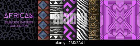 Collezione di modelli africani senza giunture. Geometria, trame e segni. Estetica etnica e ornamenti ispirati all'Africa. Disegni tribali. Illustrazione Vettoriale