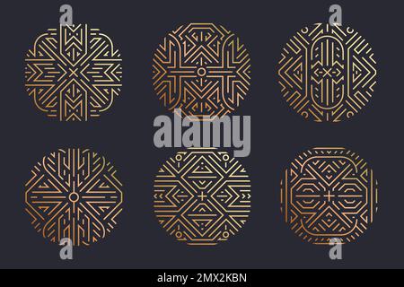 Set vettoriale di loghi art deco badge, adges, modelli geometrici astratti per prodotti di lusso. Composizioni ornamentali lineari, vintage. Utilizzare per Illustrazione Vettoriale