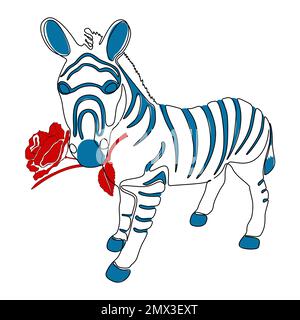 Una linea continua di Zebra con fiore di rosa in bocca. Concetto di vettore di illustrazione a linea sottile. Disegno di contorno idee creative. Illustrazione Vettoriale