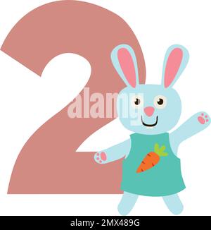 Due anni di compleanno. Coniglietto carino con numero di età Illustrazione Vettoriale