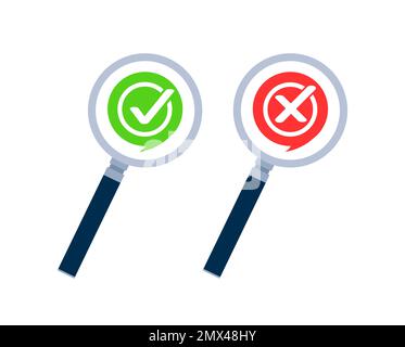 Icona dei segni di spunta Sì e No sulla lente di ingrandimento. Illustrazione Vettoriale