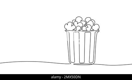 Concetto di simbolo pop corn cinema continuo a una linea. Silhouette di dessert vacanza merenda mais. Vettore digitale di disegno di schizzo a linea singola bianco Illustrazione Vettoriale