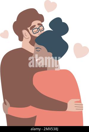 Giovane amante felice coppia ragazzo e ragazza in piedi abbracciarsi abbracciando l'altro sentimento in amore Flat vettore illustrazione Illustrazione Vettoriale