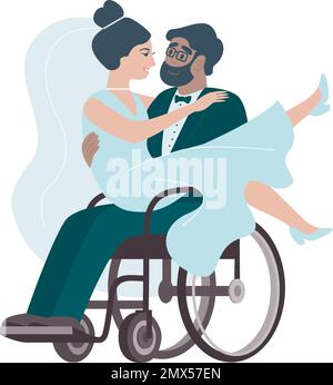 Coppia alla celebrazione di nozze. Sposo disabile in sedia a rotelle che porta la sposa sulle ginocchia. Giovane famiglia felice. Uomo positivo con esigenze particolari in wh Illustrazione Vettoriale