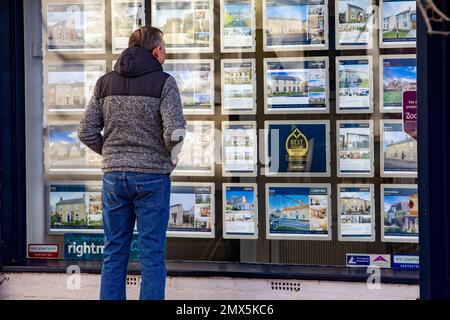 Foto datata febbraio 2nd mostra le persone che cercano nelle finestre degli agenti immobiliari a Ely, Cambs, il Giovedi mattina come è annunciato ci sarà un altro inc Foto Stock