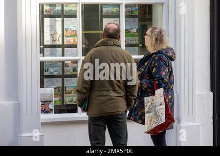 Foto datata febbraio 2nd mostra le persone che cercano nelle finestre degli agenti immobiliari a Ely, Cambs, il Giovedi mattina come è annunciato ci sarà un altro inc Foto Stock