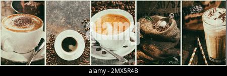 Collage di diversi tipi di caffè aromatico appena preparato servito in tazze bianche e bicchiere con sacco di fagioli Foto Stock