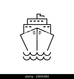 Icona della Black Cruise Ship Line. Icona imbarcazione oceanica nel pittogramma lineare Vista frontale. Icona Cargo Boat Outline. Cartello marino per trasporto, viaggio passeggeri. EDI Illustrazione Vettoriale