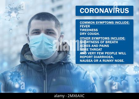 Uomo con maschera medica all'aperto e elenco dei sintomi del coronavirus Foto Stock