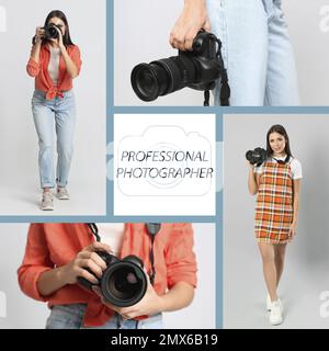 Collage di persone con fotocamere e fotografi professionisti del testo Foto Stock