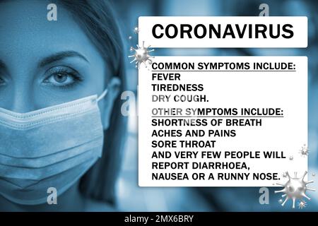 Donna con maschera medica ed elenco dei sintomi del coronavirus Foto Stock