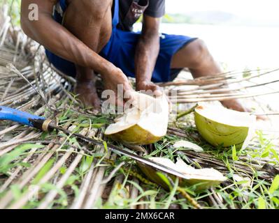 Particolare delle mani di un giovane pescatore filippino che mangia cocco su un'isola tropicale nelle filippine. persone reali, lavoro tradizionale Foto Stock