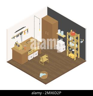 Falegnameria officina - vettore moderno colorato illustrazione isometrica Illustrazione Vettoriale