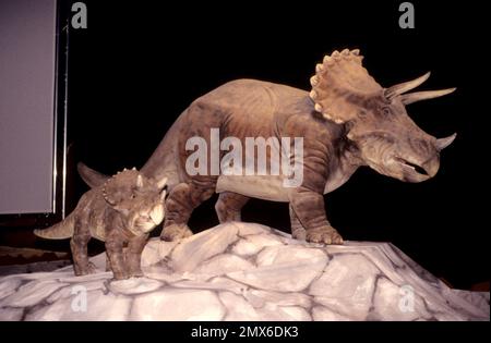 Dinosauri animatronici a grandezza naturale della società americana Dinamation Corp esposti al ‘Dinosaurs Alive!’ Mostra all'Alexandrea Palace Delight visi Foto Stock