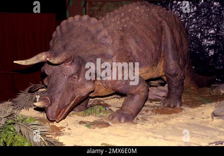 Dinosauri animatronici a grandezza naturale della società americana Dinamation Corp esposti al ‘Dinosaurs Alive!’ Mostra all'Alexandrea Palace Delight visi Foto Stock