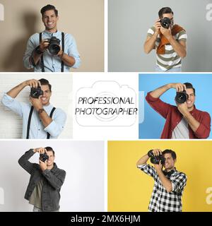 Collage di bell'uomo con fotocamera e testo fotografo professionista Foto Stock