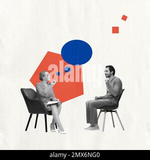 Collage d'arte contemporanea sul giovane incontro con psicologo professionista. Concetto di stile di vita moderno millenario, salute mentale, psicologico Foto Stock