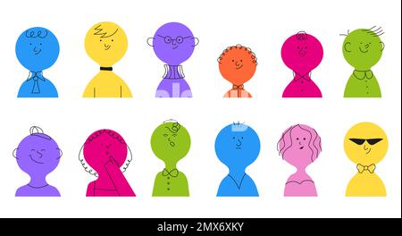 Colorful cute bambini faccia Set vettore. Teste del timone divertenti sorridenti, felici. Confezione di adesivi per bambini per i social media. Illustrazione Vettoriale